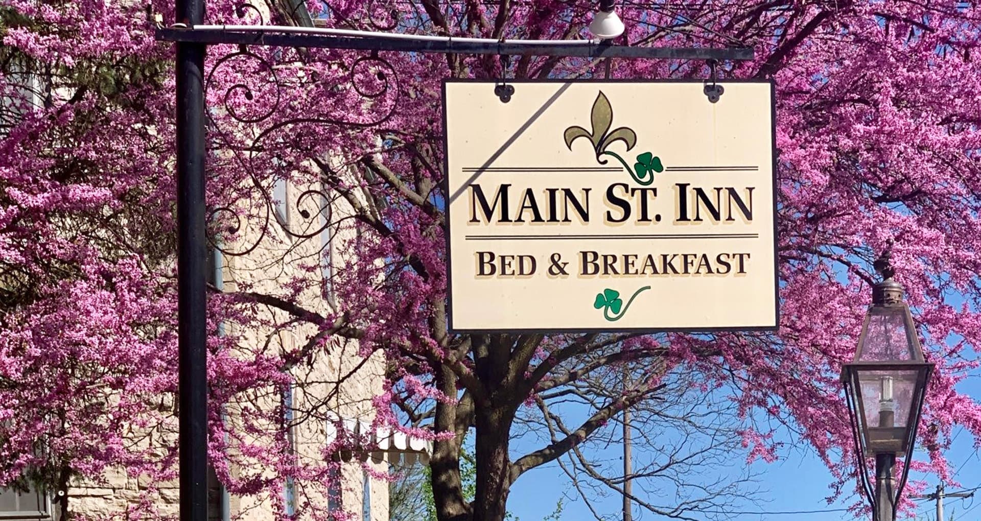 Sign for Main St. Inn Bed & Breakfast surrounded by blooming pink trees.